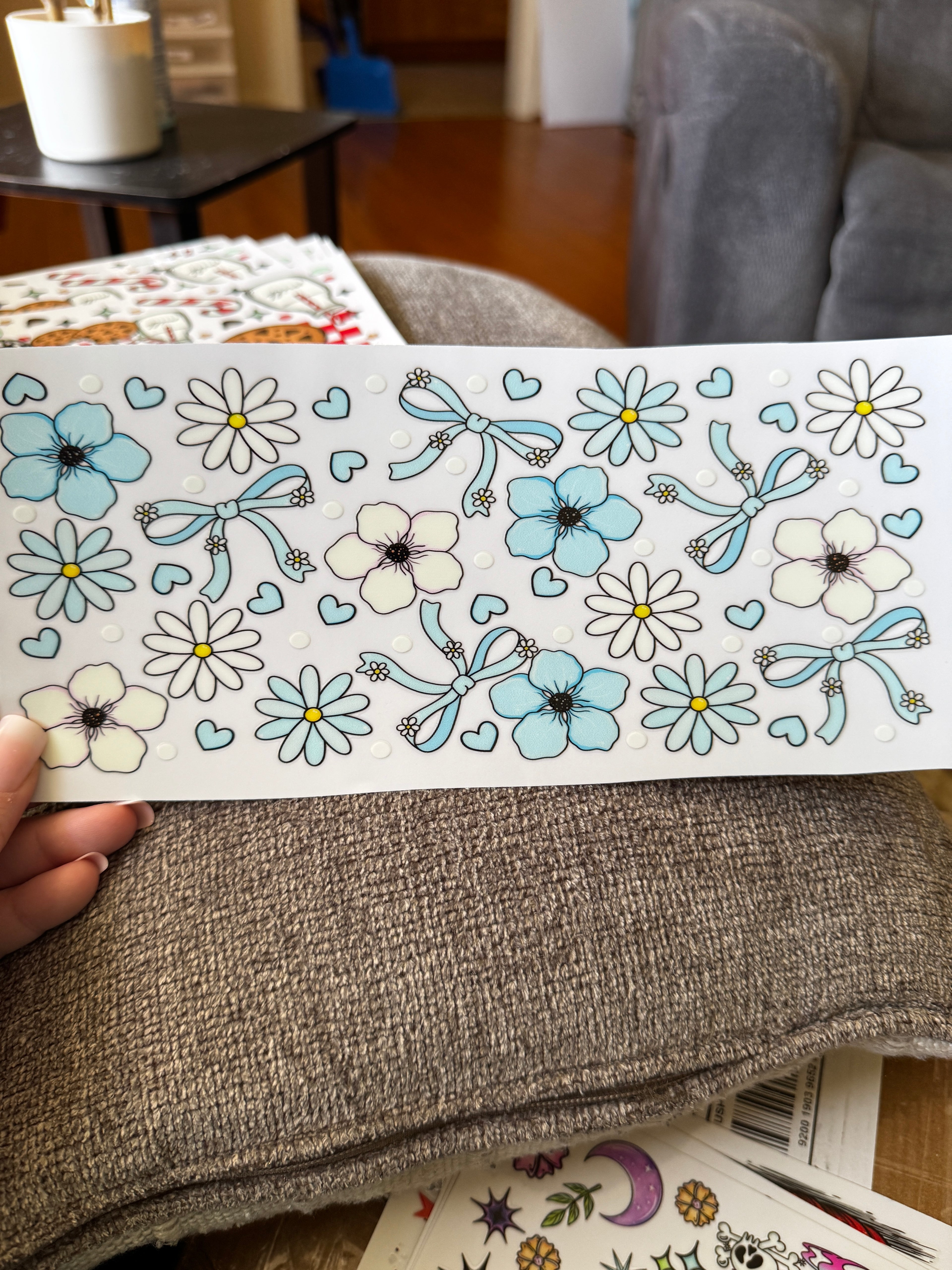 Blue and white flowers with blue ribbons