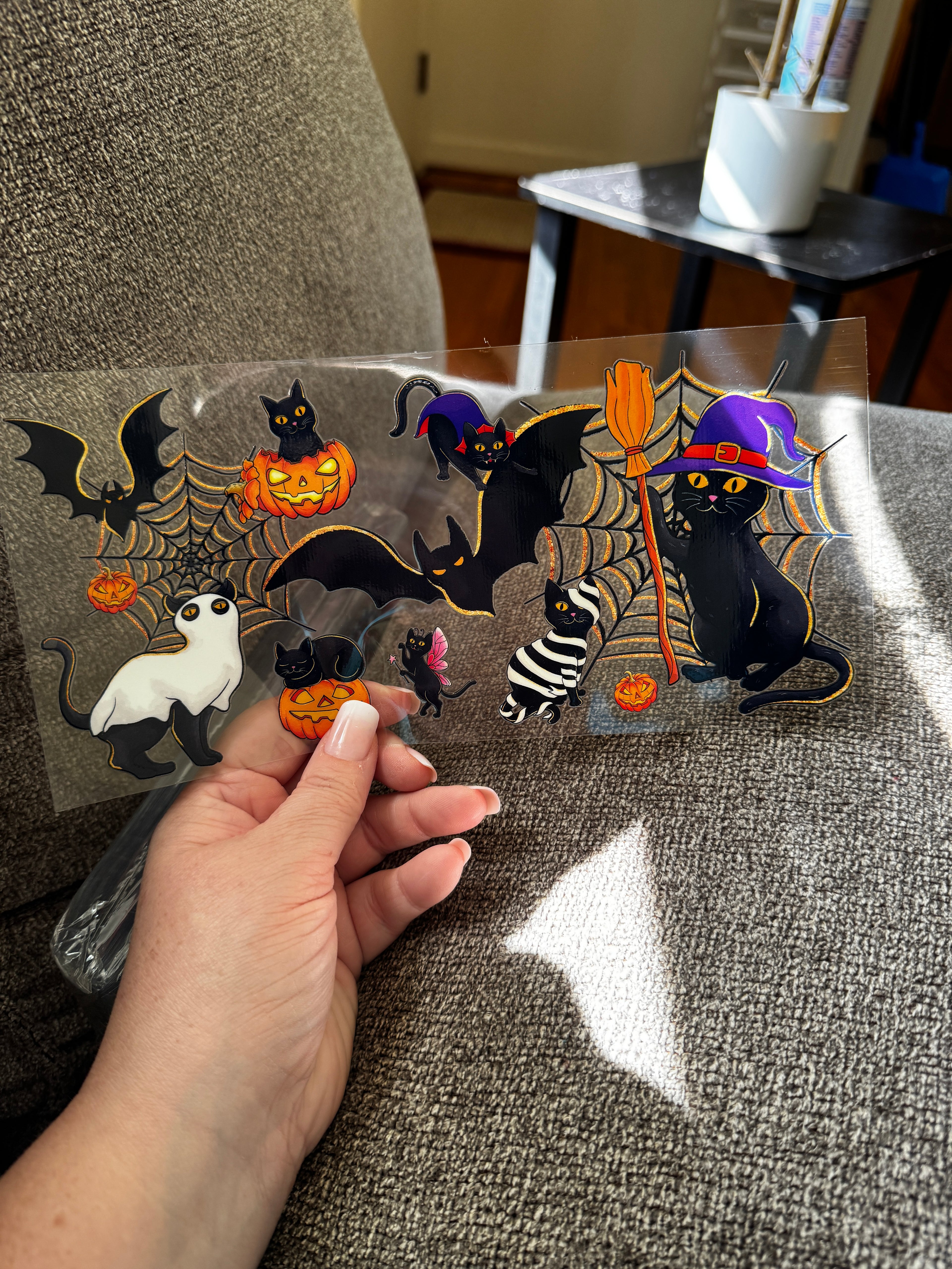 Black cat with broom bats, pumpkin