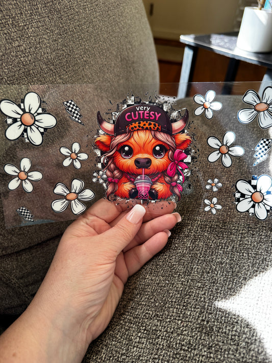 A10   Cutie cow drinking Boba checkered bolts white flowers