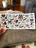 Spooky girl, ghost, bats, witches, hat, coffin, skull heads