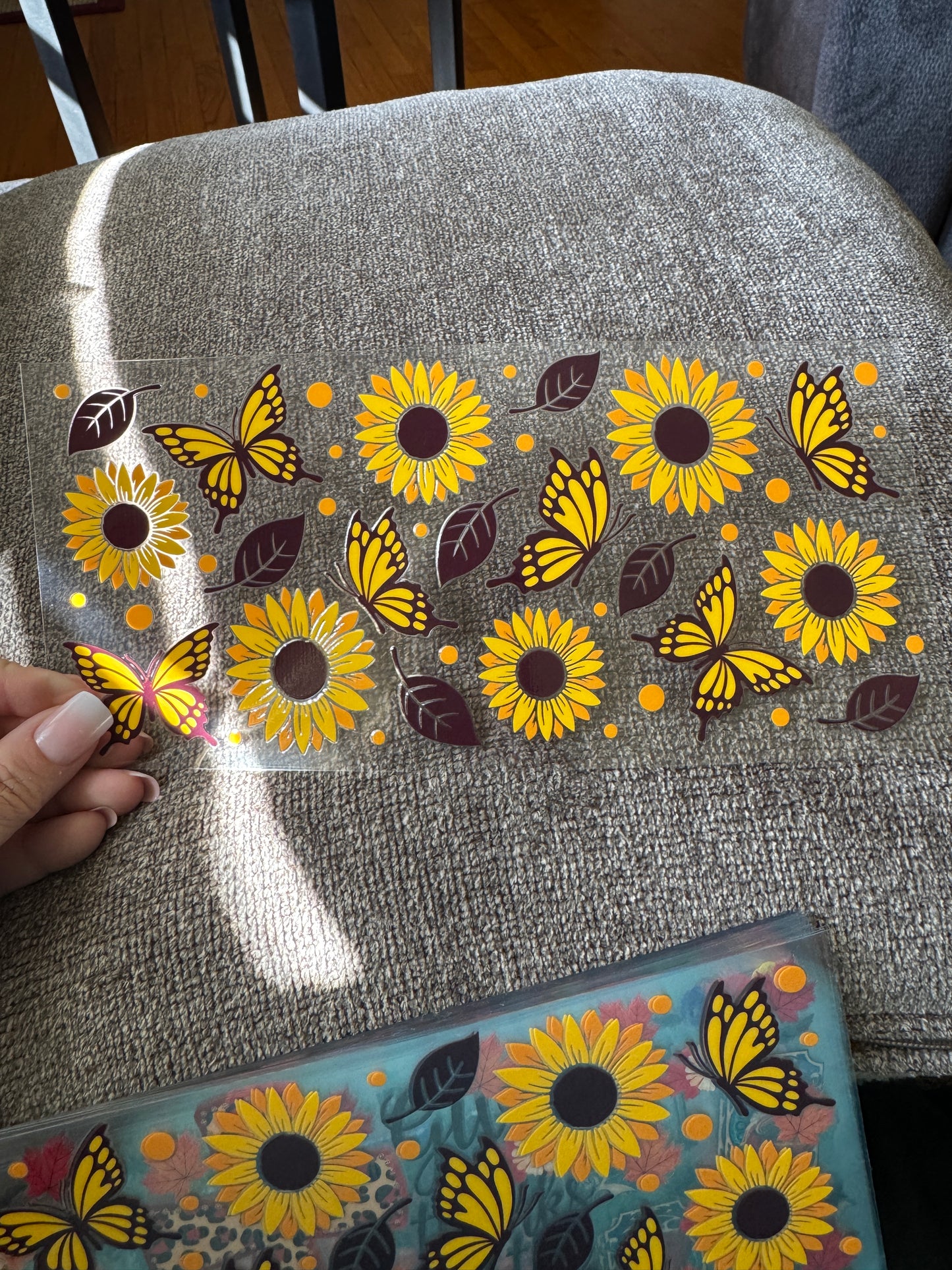Sunflowers butterflies brown leaves