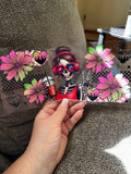 A21   Cute skull girl with headphones on ombre, pink and green flowers
