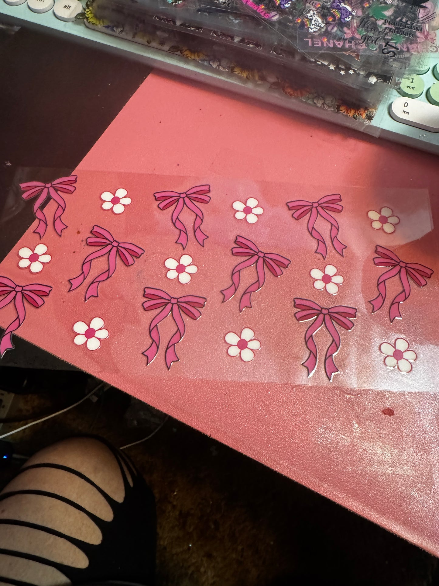 Pink bows white flowers