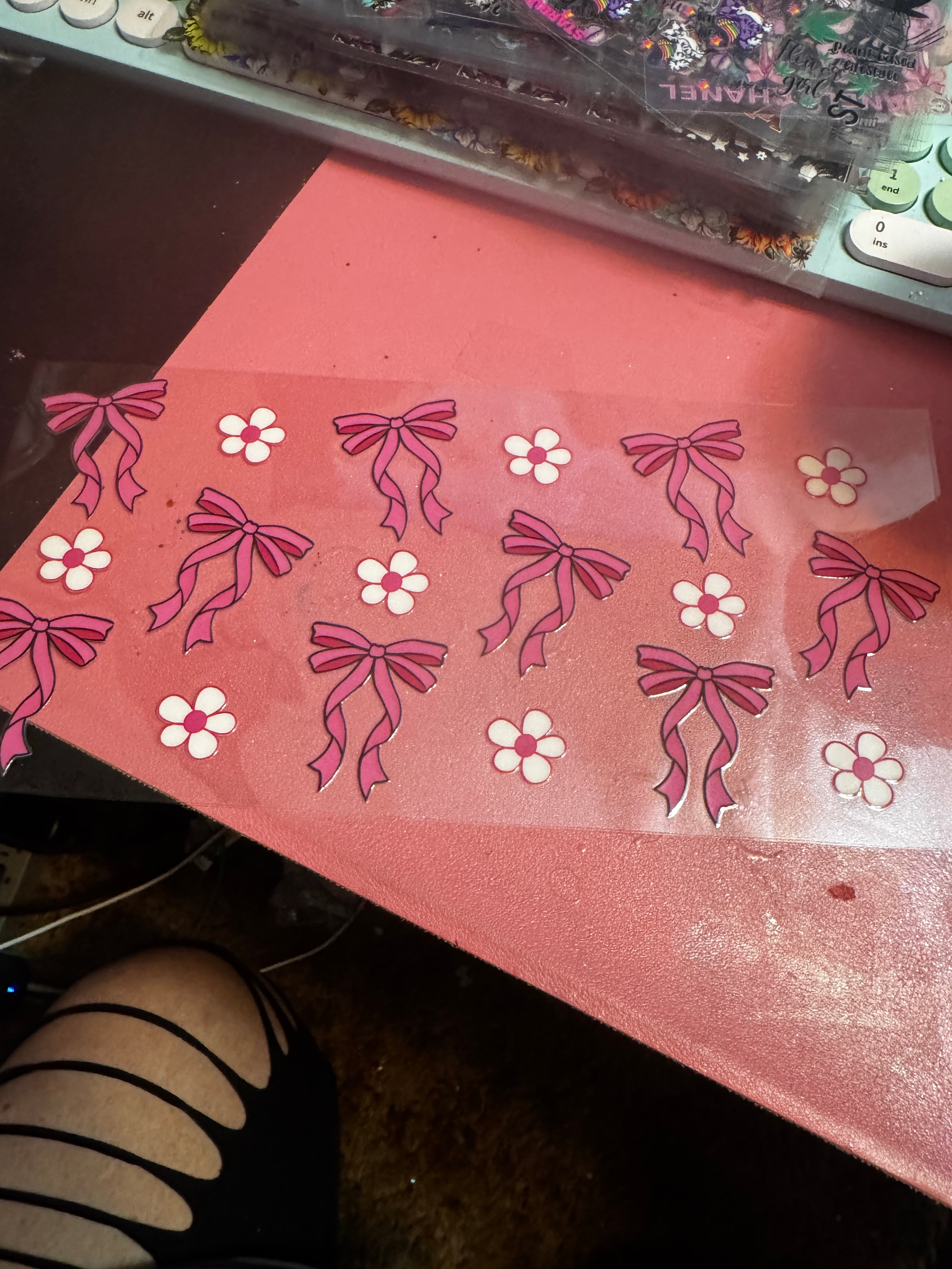 Pink bows white flowers