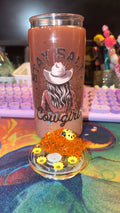 20oz acrylic dual lava coffee brown oil and tan creamy lava with glitter. Decorative lid