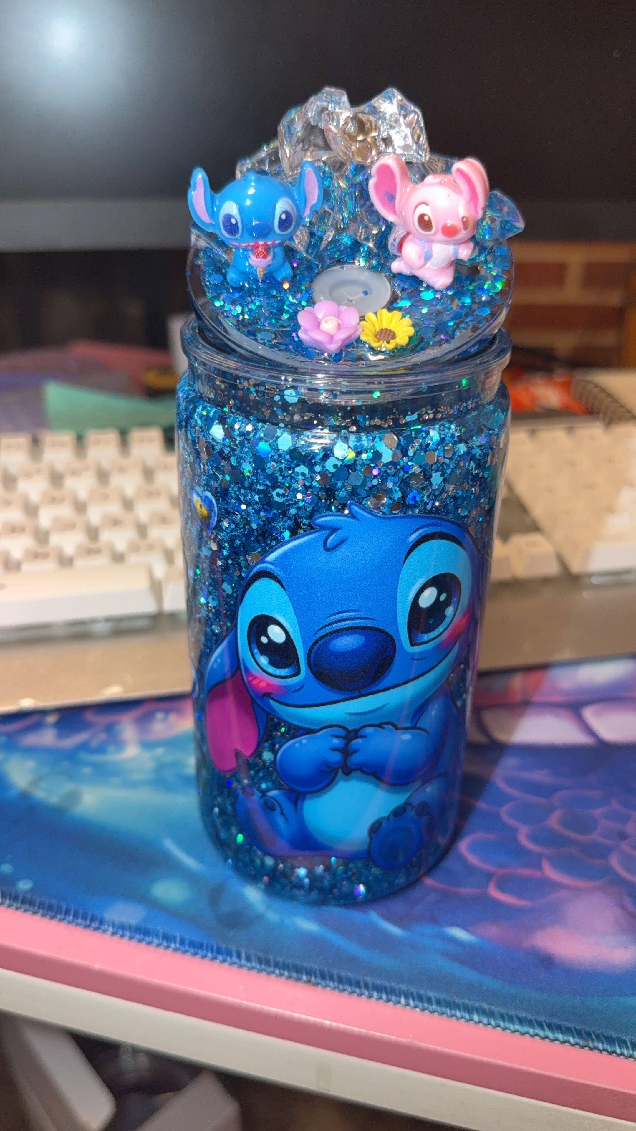 16 oz acrylic. Med flow with decorated lid