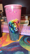 24 oz acrylic dual lava with glitter. Holographic lion wrap with pink bling lid