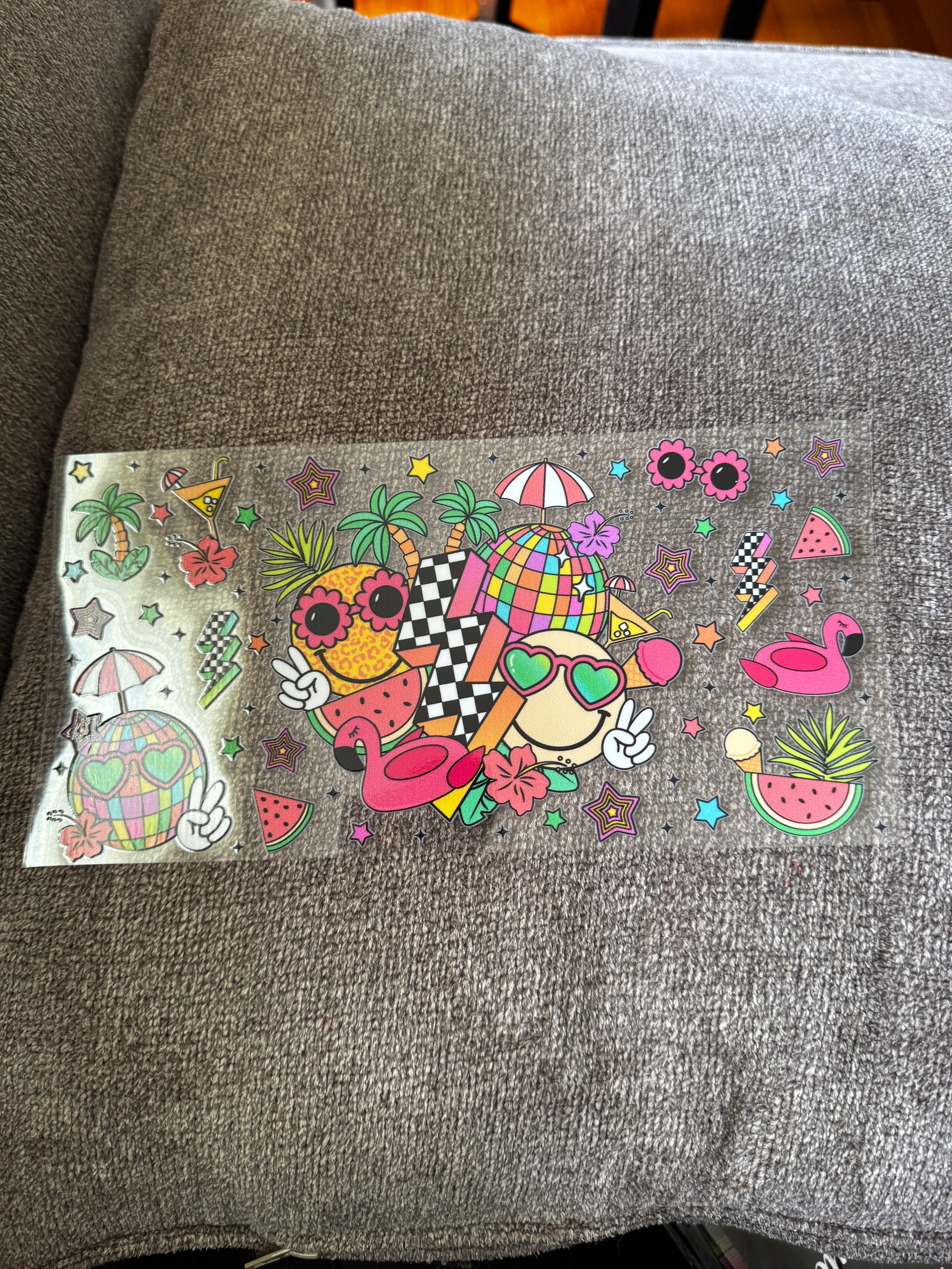 Cute watermelon, smiley face, pineapple, flamingo, palm trees