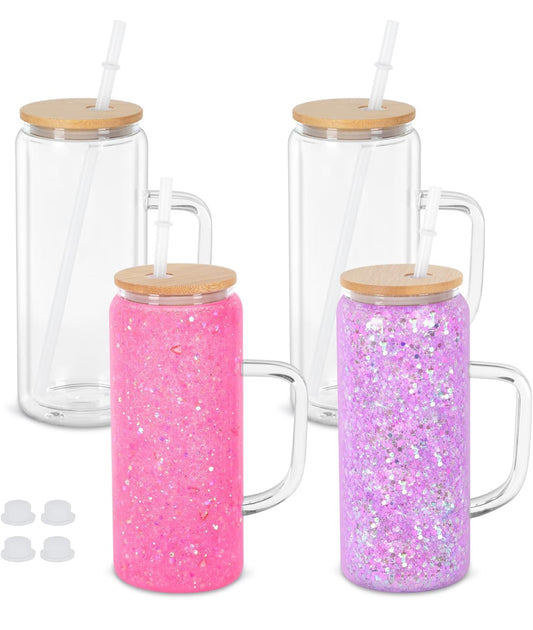 20oz GLASS Snowglobe with handle comes with bamboo lid and straw