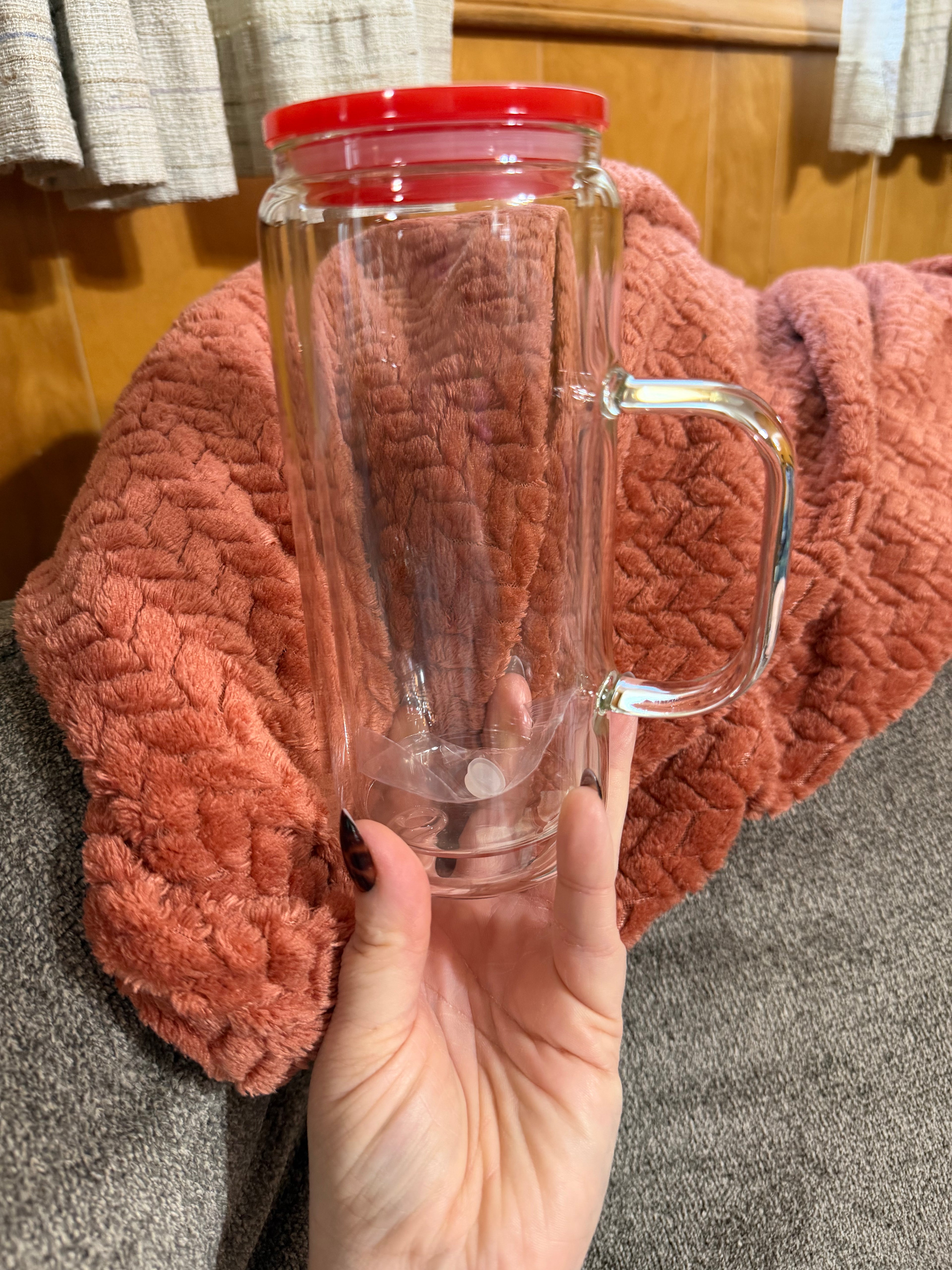 20 oz GLASS snowglobe with handle with colored lids