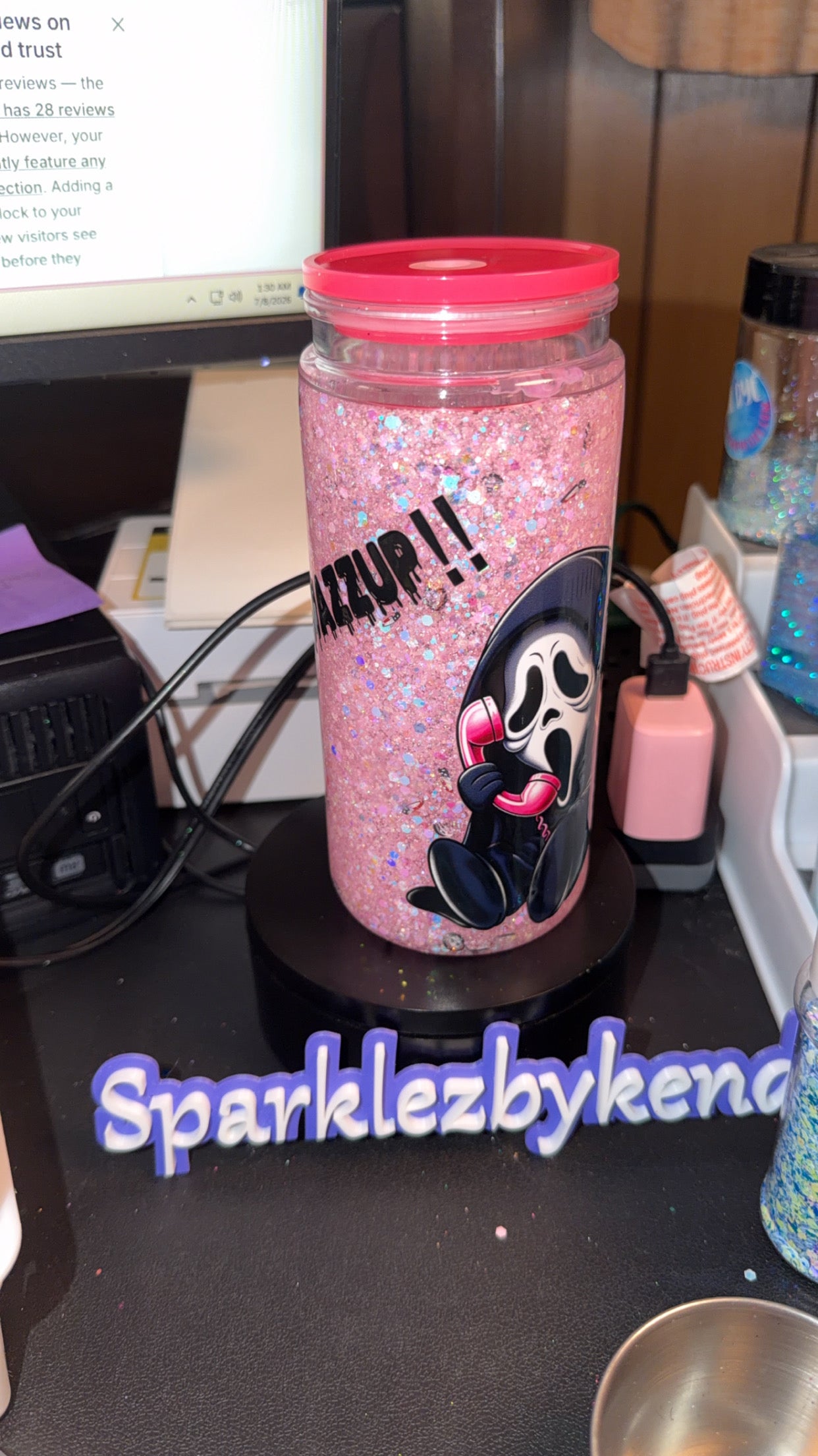 Premade 20 oz acrylic slow flow Scream with spooky guys and slicer add ins. Comes with hot pink lid