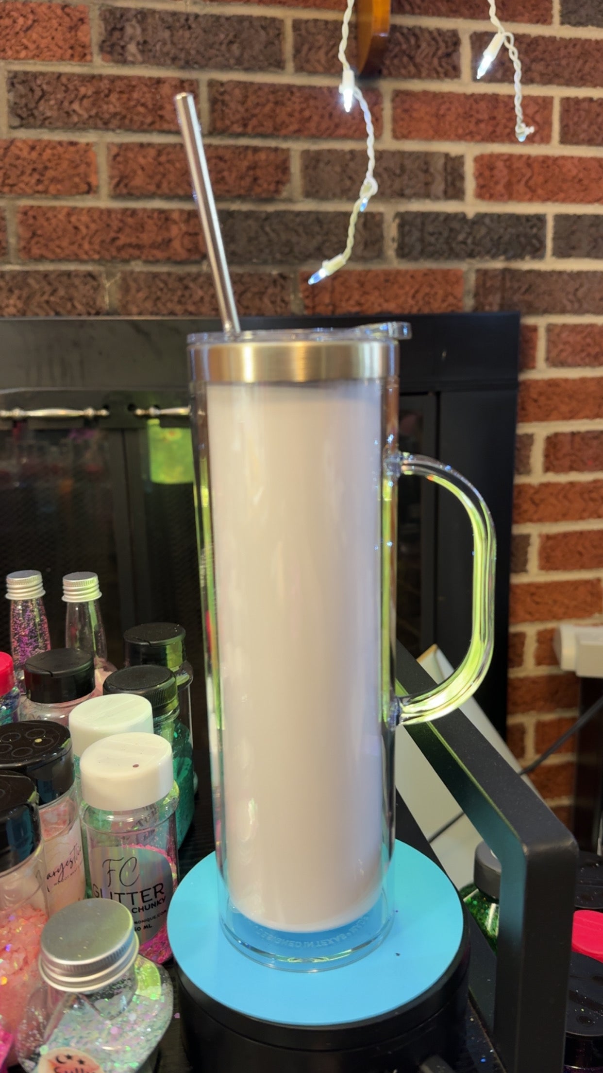 20oz stainless Steel Acrylic Snowglobe with handle; comes with a stainless steel straw