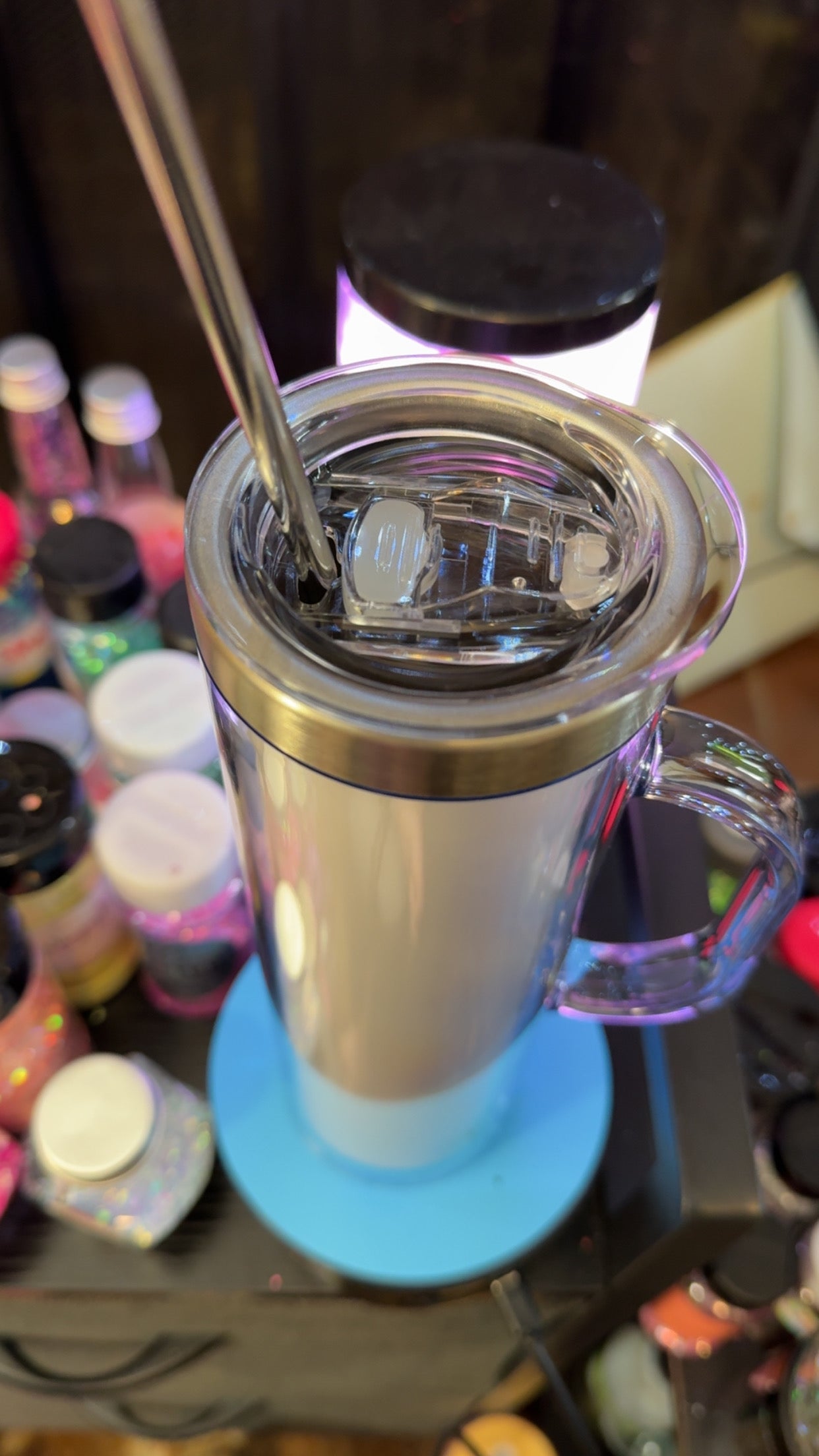 Storyboard  20oz stainless Steel Acrylic Snowglobe with handle; comes with a stainless steel straw