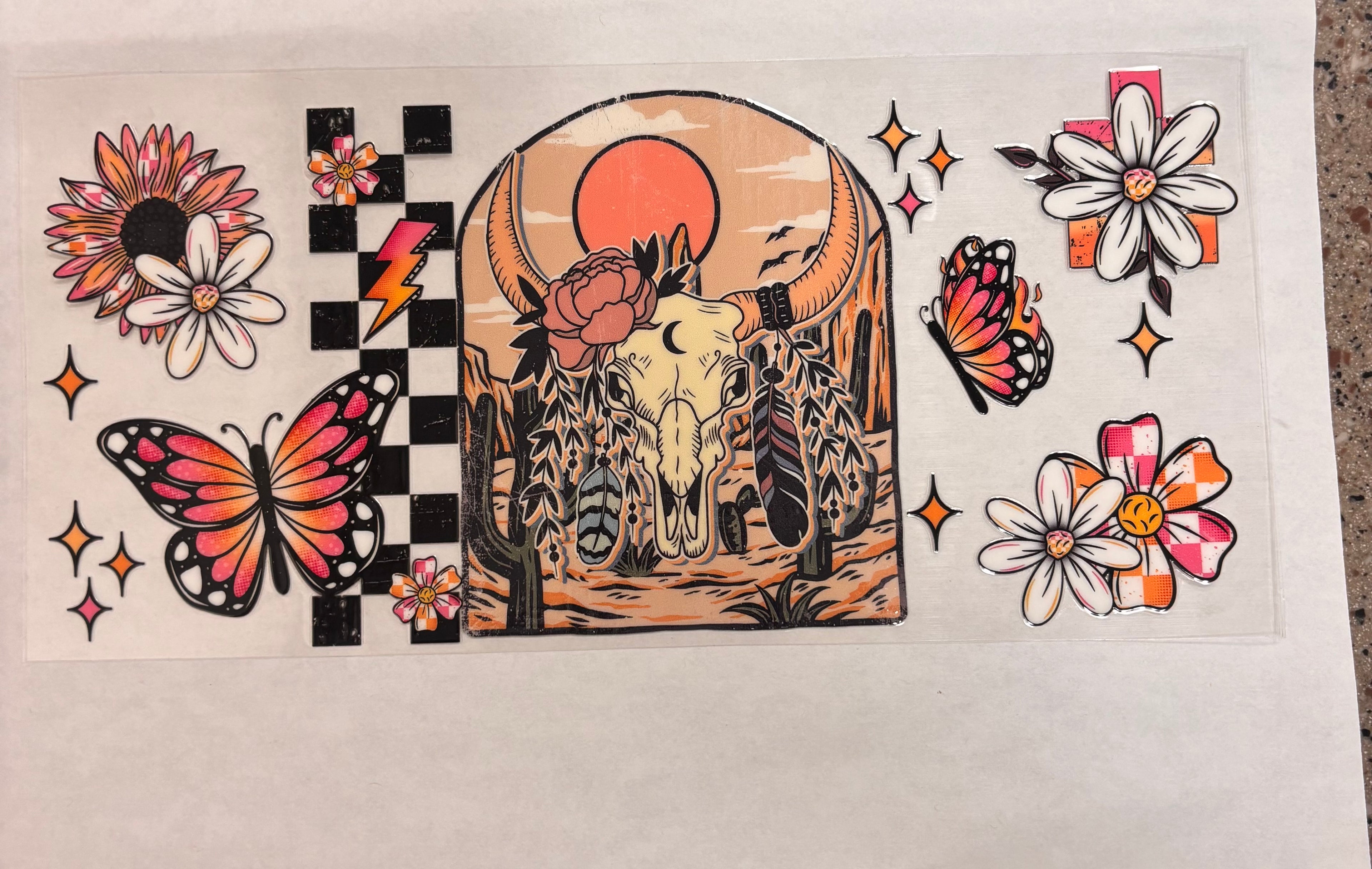 western cow skull, butterflies, flowers