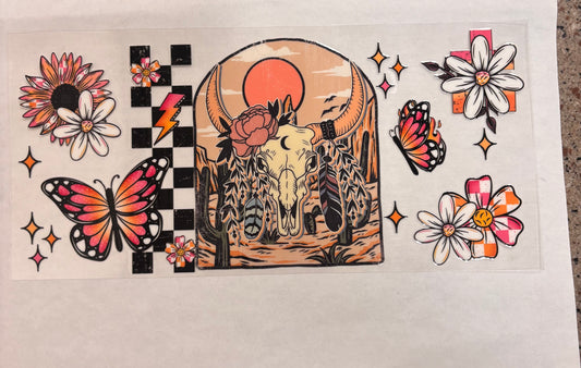 western cow skull, butterflies, flowers