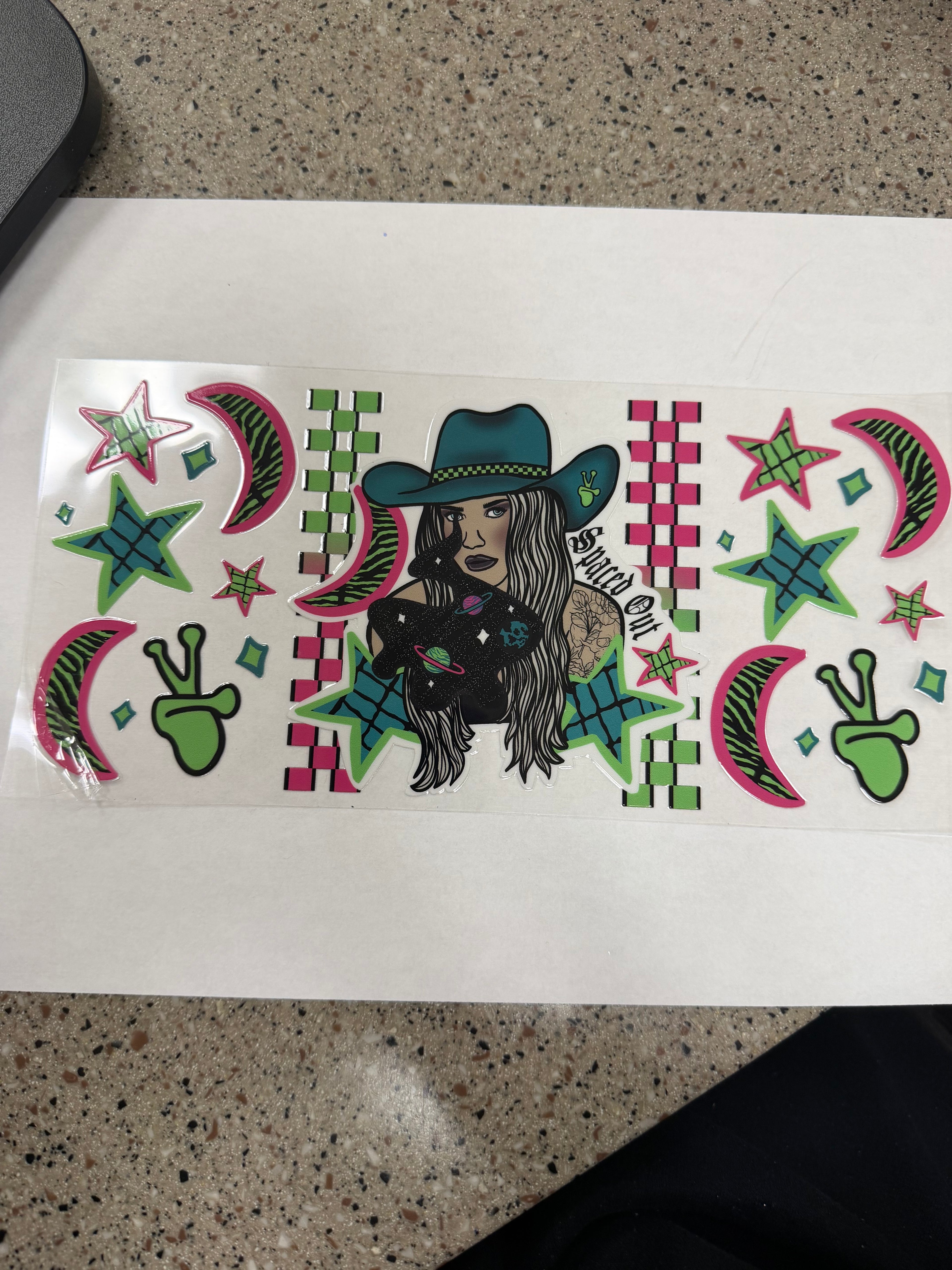 Cowgirl with teal hat