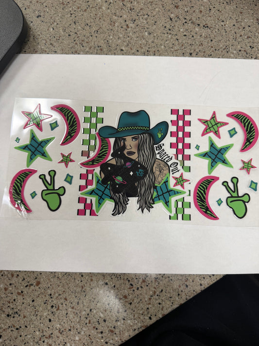 Cowgirl with teal hat